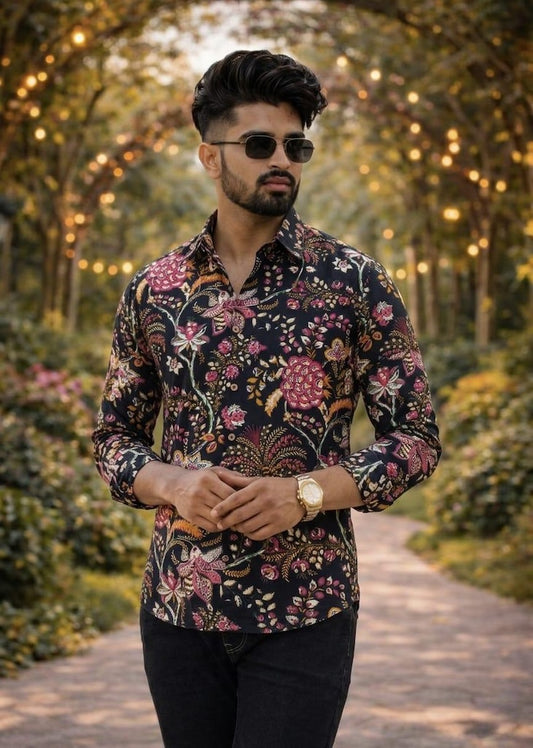 Classic Kalamkari Block Print Full Sleeves Cotton Men Shirt - Organic