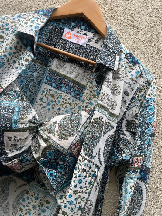 Kalamkari Print Shirt & Bralette Combo Set - Oversized Sky