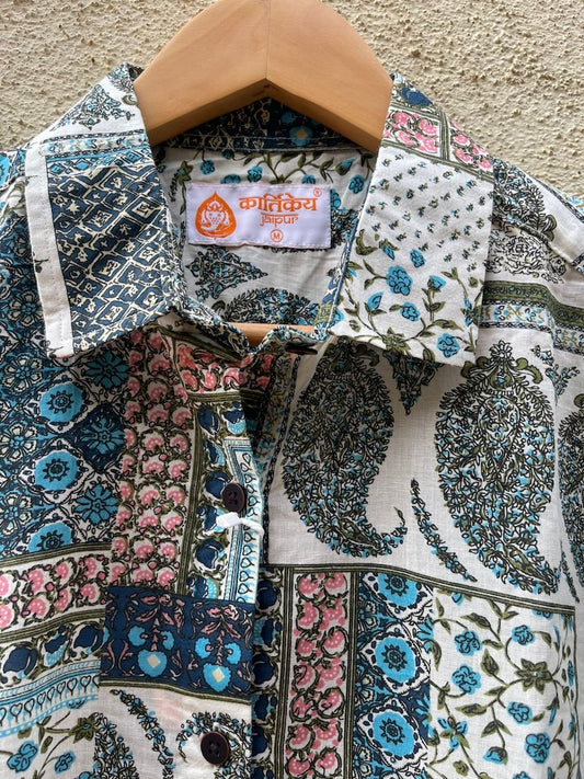 Kalamkari Print Full Sleeve Cotton Shirt for Womens - SKY