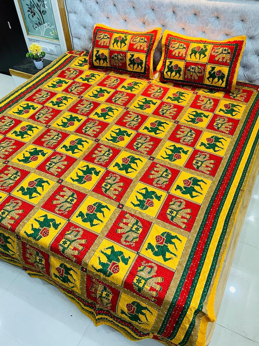 Traditional Kantha Work Double King Size Bedsheet with 2 Zipped Pillow Cover