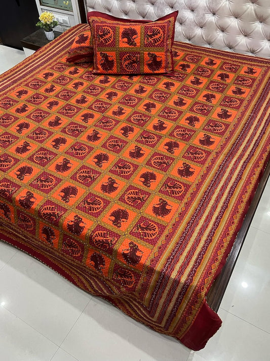 Traditional Kantha Work Double King Size Bedsheet with 2 Zipped Pillow Cover