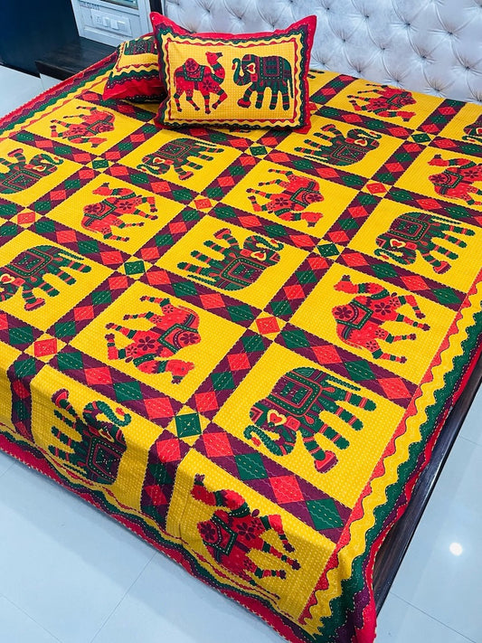 Traditional Kantha Work Double King Size Bedsheet with 2 Zipped Pillow Cover