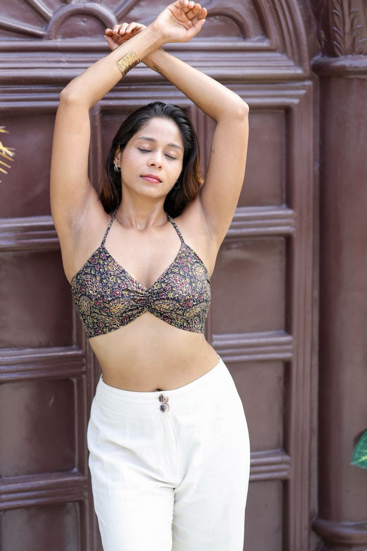 Natural Ajrakh Print Cotton Lace Bralette X KAVYA