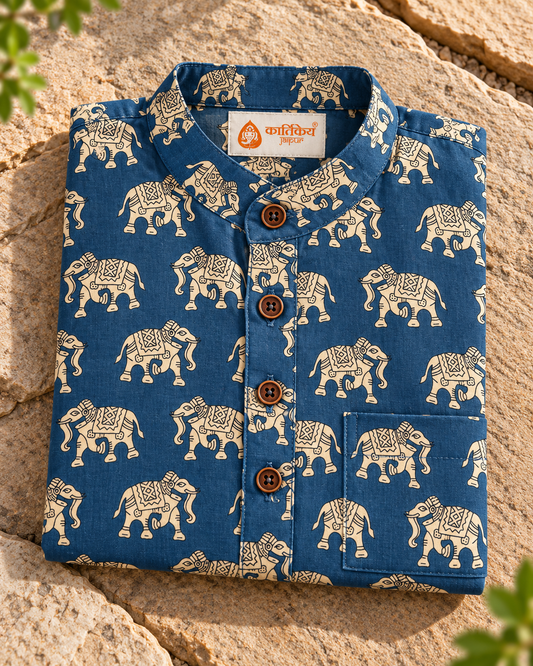 Small Elephat Print Cotton Short Kurta For Boys
