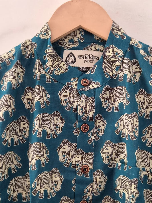 Elephant Print Cotton Short Kurta For Boys