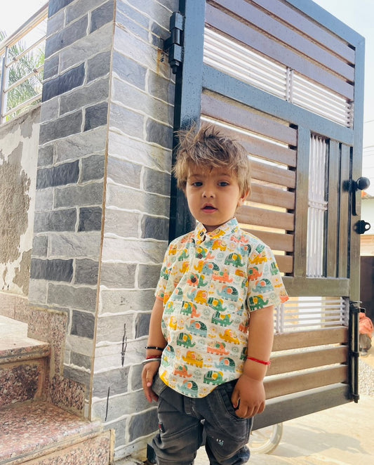 Small Elephat Print Cotton Short Kurta For Boys
