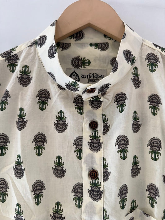 Sanganeri Print Half Sleeve Cotton Short Kurta for Men