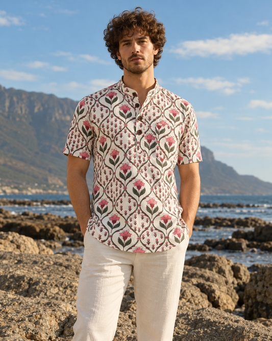 Floral Print Half Sleeve Cotton Short Kurta for Men