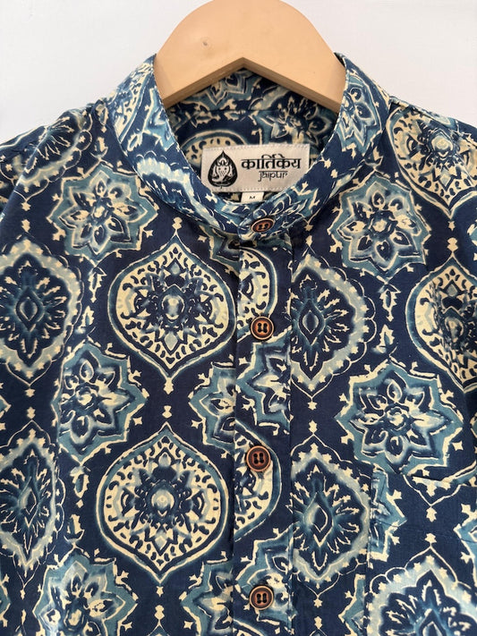Indigo Print Half Sleeve Cotton Short Kurta for Men