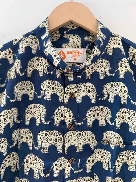 Elephant Print Half Sleeve Cotton Short Kurta for Men