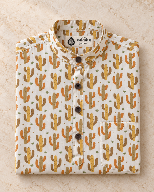 Cactus Print Half Sleeve Cotton Short Kurta for Men
