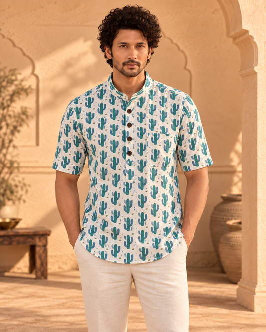 Cactus Print Half Sleeve Cotton Short Kurta for Men
