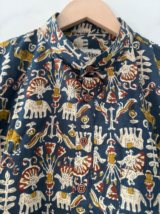 Tribal Print Half Sleeve Cotton Short Kurta for Men