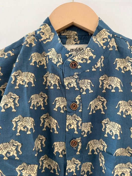 Small Elephat Print Cotton Short Kurta For Boys