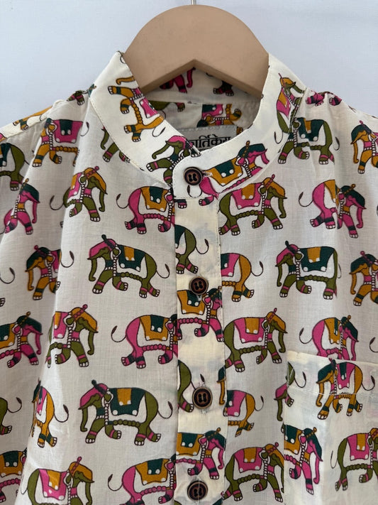 Traditional Elephat Print Cotton Short Kurta For Boys