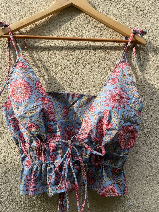 Floral Print Cotton Drawstring Lace Bralette Top