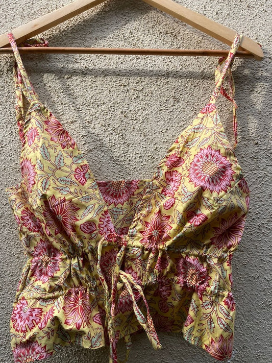 Floral Print Cotton Drawstring Lace Bralette Top