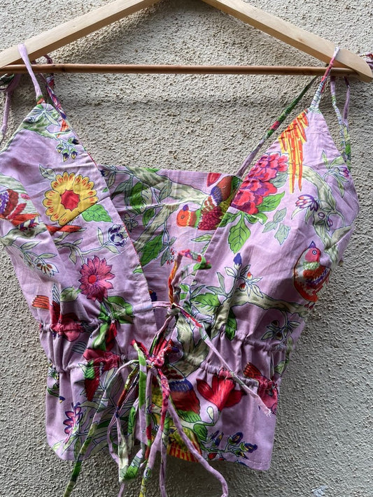 Floral Print Cotton Drawstring Lace Bralette Top