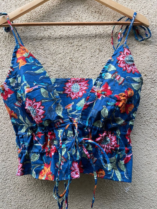 Floral Print Cotton Drawstring Lace Bralette Top