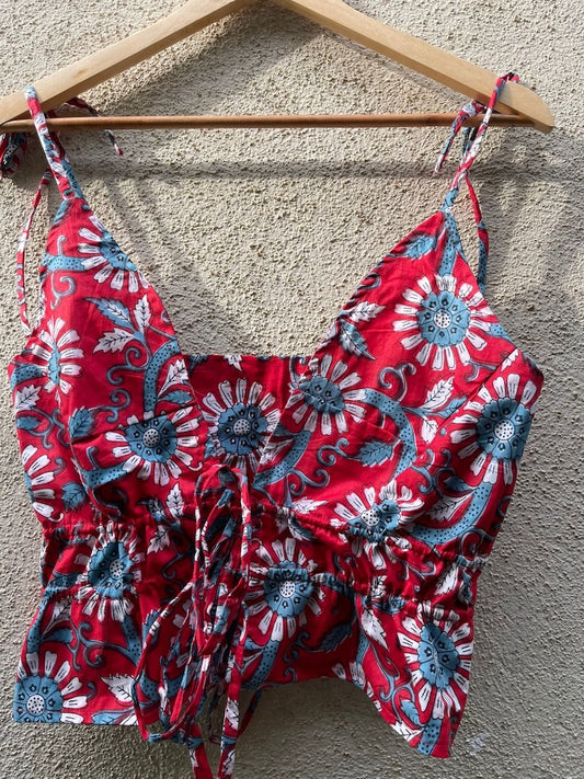 Floral Print Cotton Drawstring Lace Bralette Top