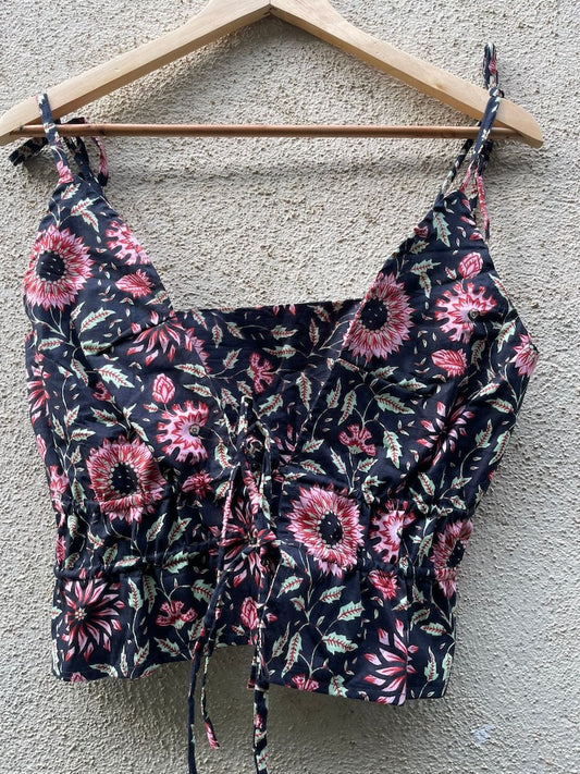 Floral Print Cotton Drawstring Lace Bralette Top