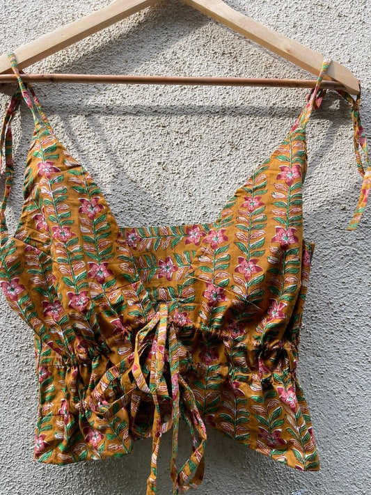 Floral Print Cotton Drawstring Lace Bralette Top