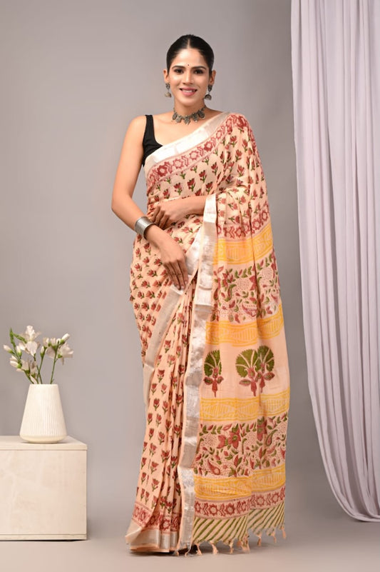 Handblock Printed linen Saree With blouse