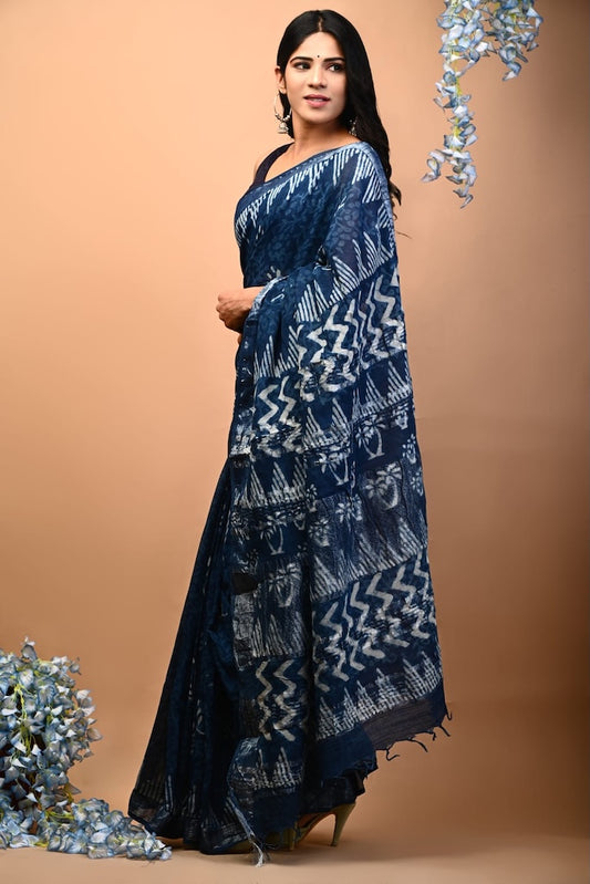 Handblock Printed linen Saree With blouse