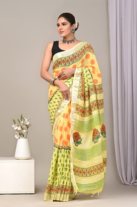 Handblock Printed linen Saree With blouse