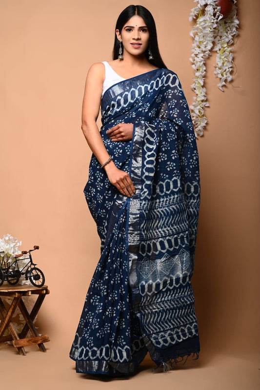 Handblock Printed linen Saree With blouse