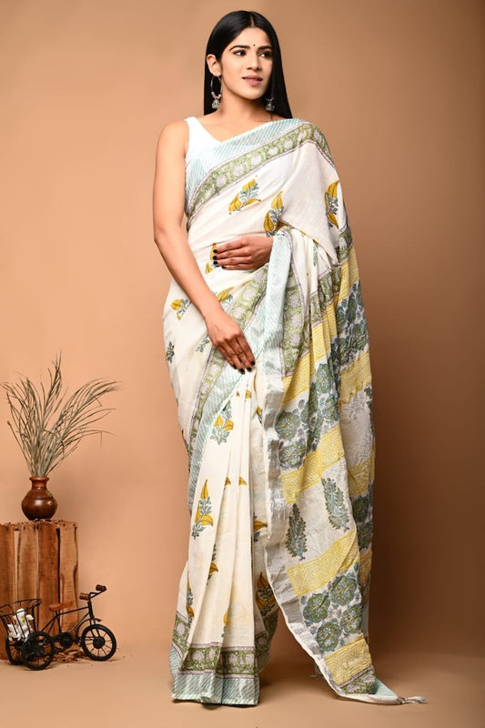 Handblock Printed linen Saree With blouse