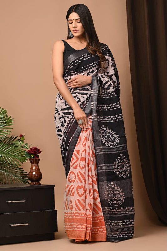 Handblock Printed linen Saree With blouse