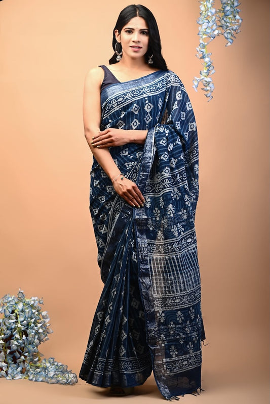 Handblock Printed linen Saree With blouse