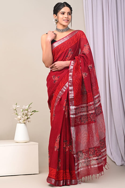 Handblock Printed linen Saree With blouse