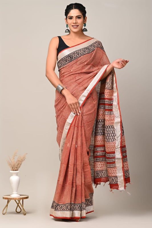 Handblock Printed linen Saree With blouse