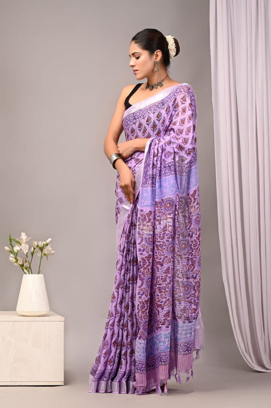 Handblock Printed linen Saree With blouse