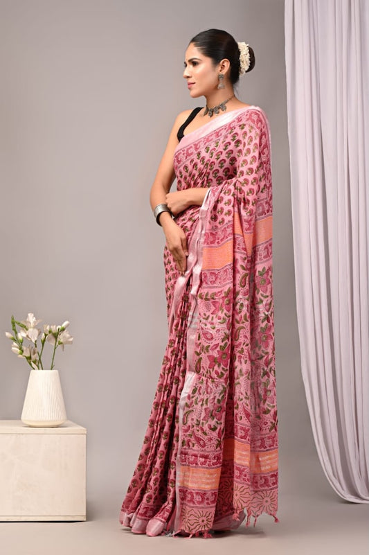 Handblock Printed linen Saree With blouse