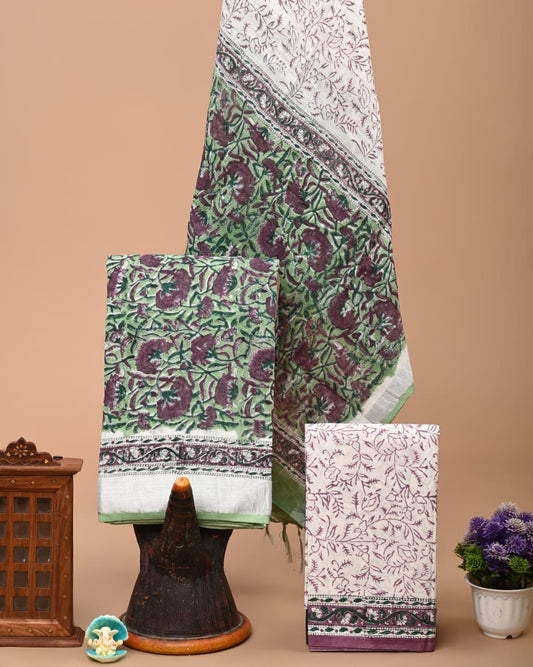 Bagru Handblock linen suit set with Zari border