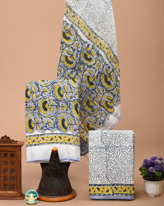 Bagru Handblock linen suit set with Zari border