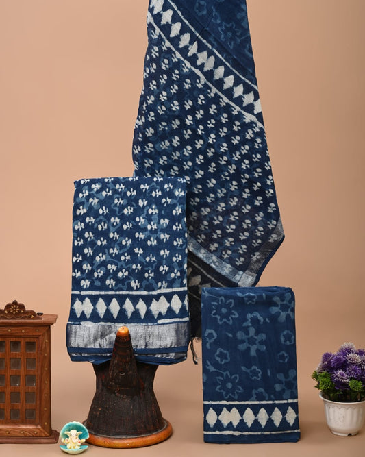 Bagru Handblock linen suit set with Zari border