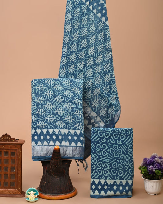 Bagru Handblock linen suit set with Zari border