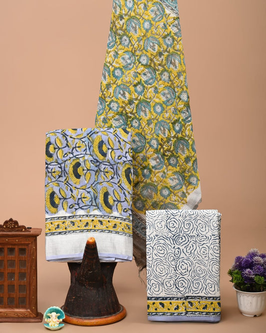 Bagru Handblock linen suit set with Zari border