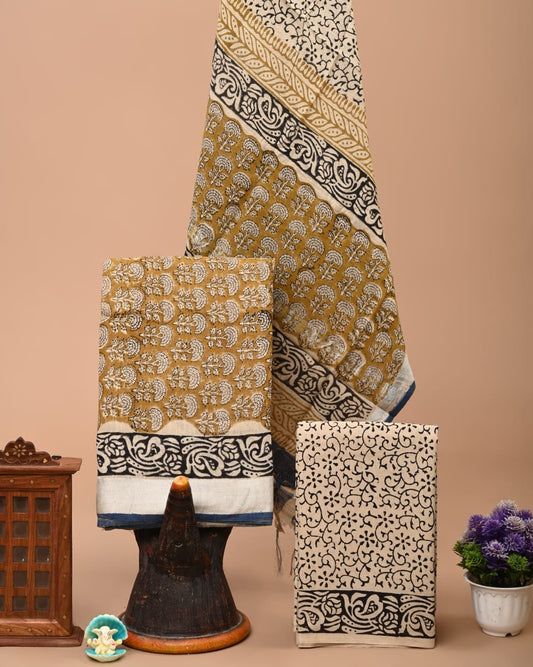 Bagru Handblock linen suit set with Zari border