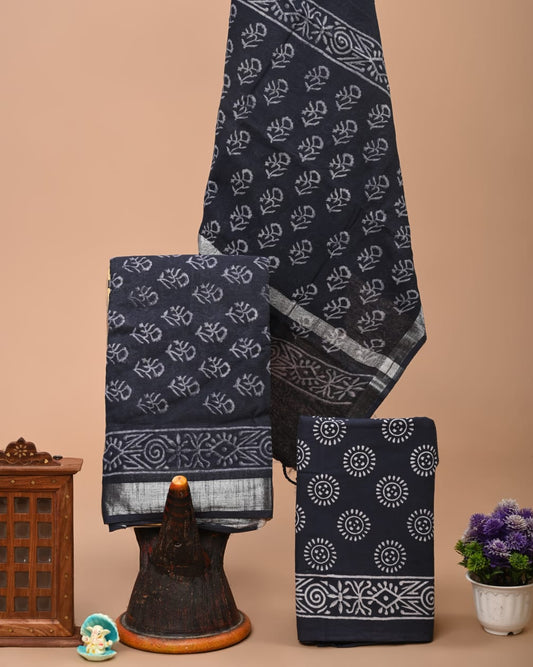 Bagru Handblock linen suit set with Zari border