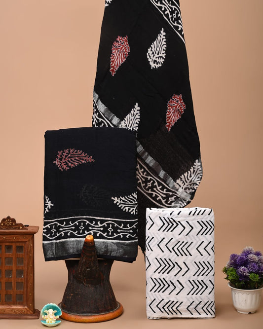 Bagru Handblock linen suit set with Zari border
