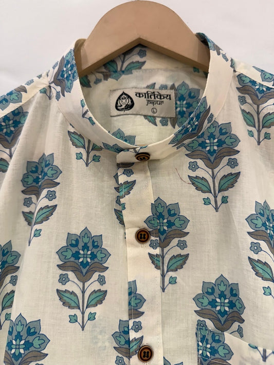 Floral Print Half Sleeve Mandarin Collar Cotton Shirt for Men