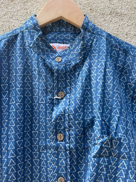 Indigo Print Mandarin Collar Cotton Shirt for Men