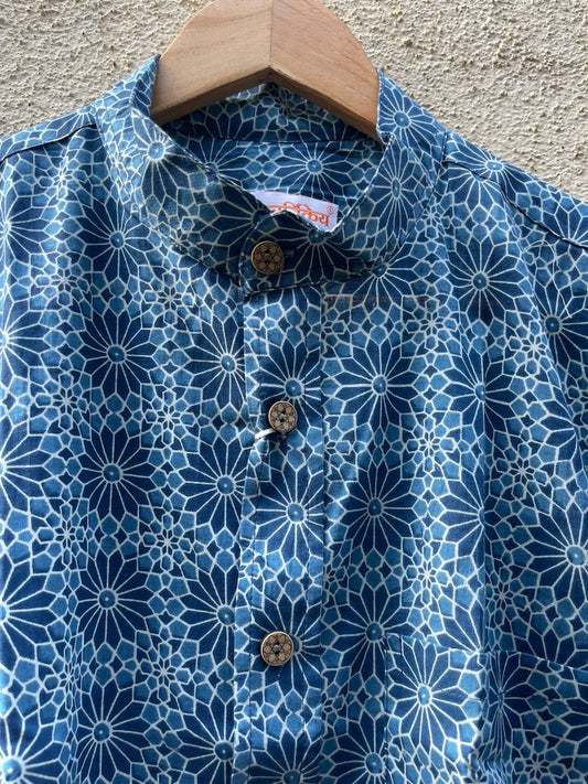 Indigo Print Mandarin Collar Cotton Shirt for Men