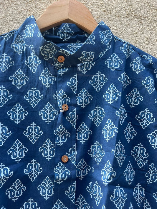 Indigo Print Mandarin Collar Cotton Shirt for Men