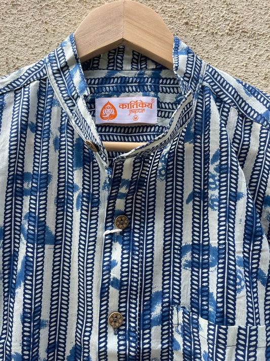 Indigo Print Mandarin Collar Cotton Shirt for Men